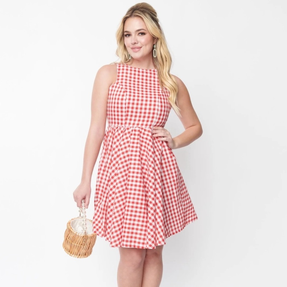 Red gingham fit and flare dress